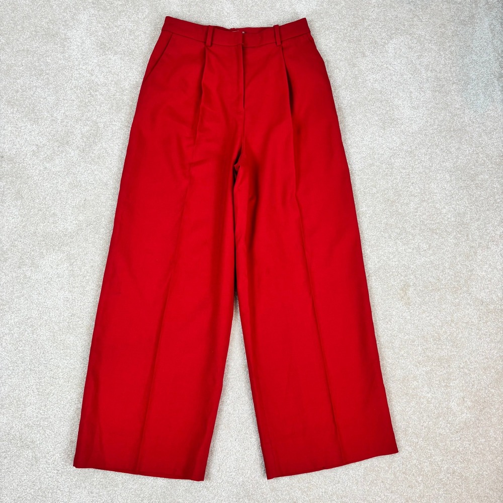 H&M Red Wide Leg High Waisted Pleated Dress Pants Trousers Womens Size 4